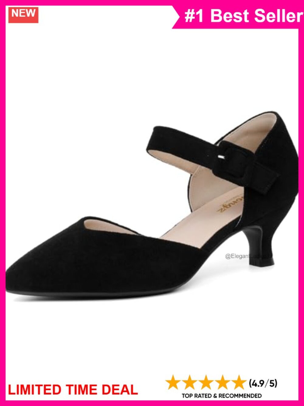 Kitten Heel Pointed Toe Ankle Strap Buckle Pump Faux Leather